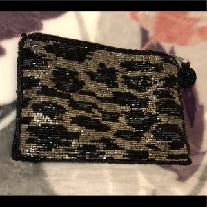 Silver, blue and black leopard print beaded wallet